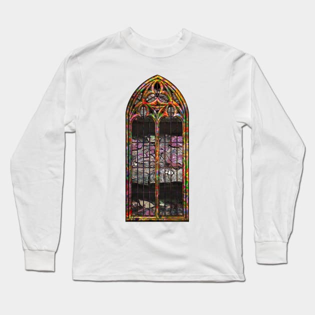 Fallen Leaves Through A Gothic Window Long Sleeve T-Shirt by crunchysqueak